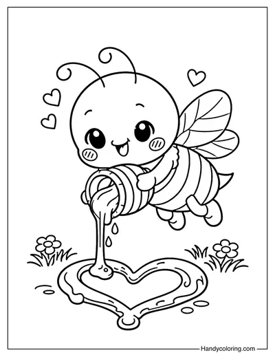 Bee Pouring Honey Heart Coloring Page