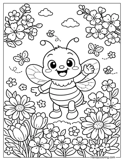 Bee Spring Flower Coloring Page