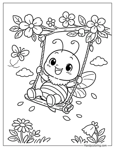 Bee Swinging on Flower Coloring Page