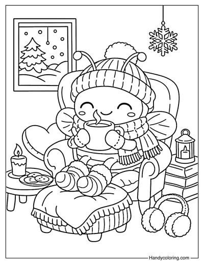 Bee Winter Tea Time Coloring Page