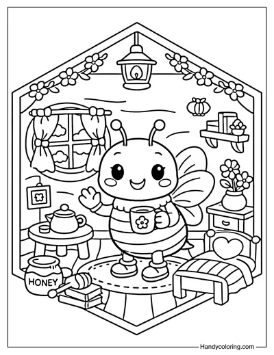 Bee with Honeycomb Home Coloring Page