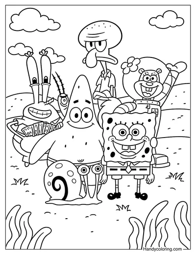 Bikini Bottom Gang Coloring Page