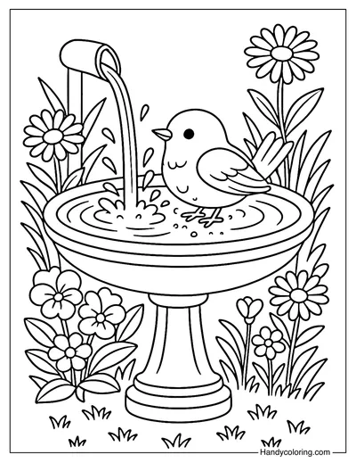 Birdbath Splash Coloring Page