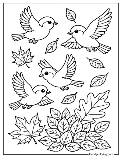 Birds and Autumn Leaves Coloring Page