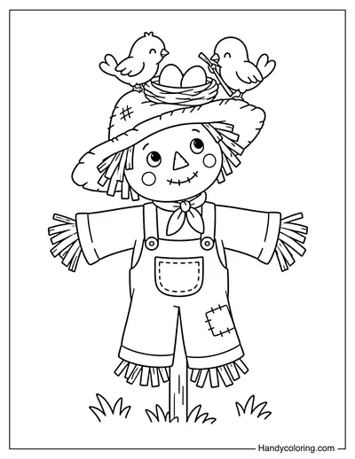 Birds Building a Nest on Scarecrow Hat