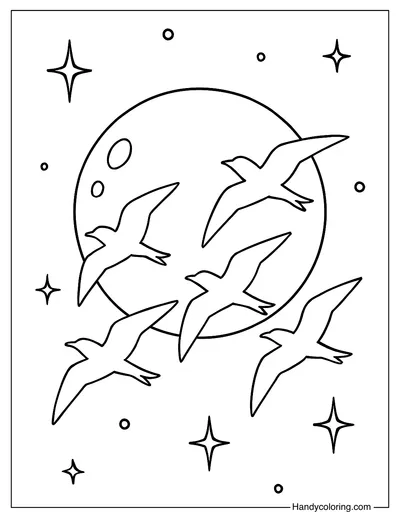 Birds Flying Over Moon Coloring Page