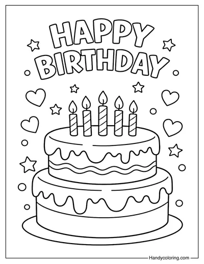 Birthday Cake With Hearts And Stars Coloring Page