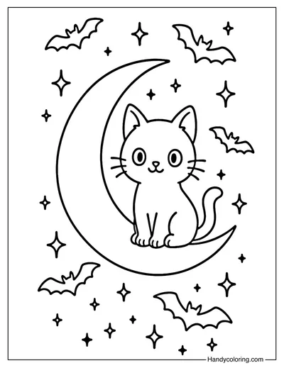 Black Cat and Bats Bookmark Coloring Page