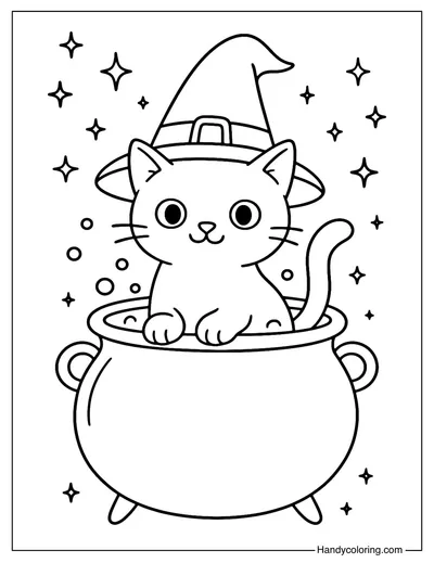 Black Cat in Cauldron Coloring Page