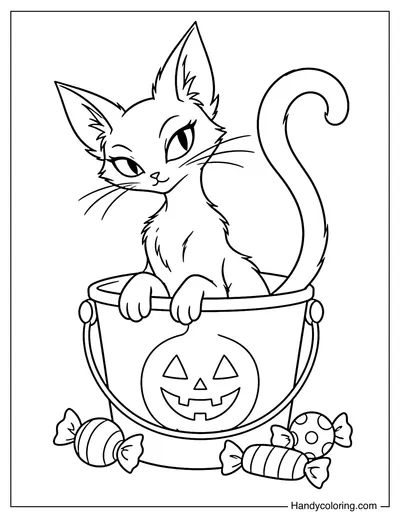 Black Cat Peeking from a Trick-or-Treat Bucket