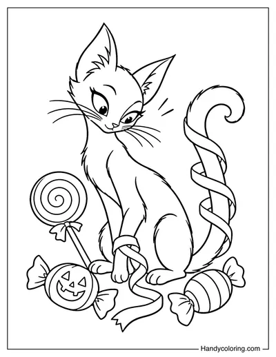 Black Cat Tangled in Halloween Candy