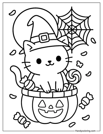 Black Cat Trick or Treat Coloring Page