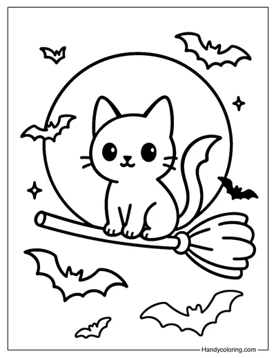 Black Cat with Broom Coloring Page
