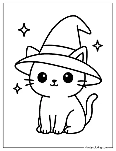 Black Cat with Witch Hat Coloring Page