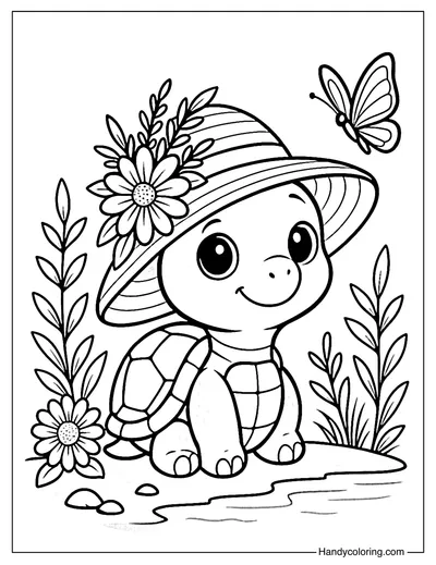Blossom Hat Turtle Coloring Page