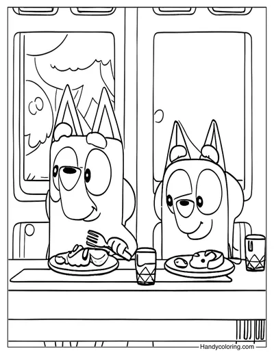 Bluey and Bingo Eating Dinner Free Coloring Page