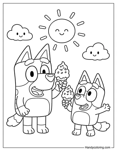 Bluey and Bingo Eating Ice Cream on Summer Day