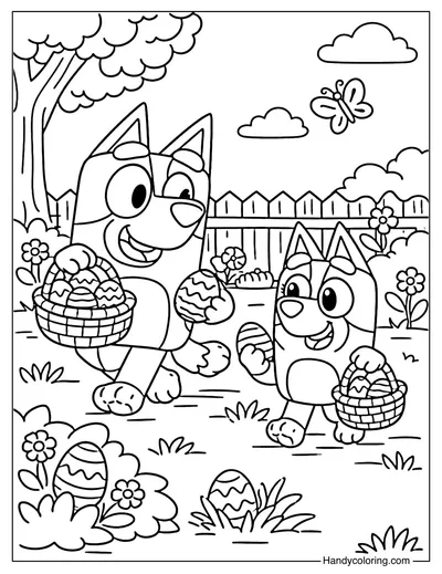 Bluey and Bingo Hunting Easter Eggs