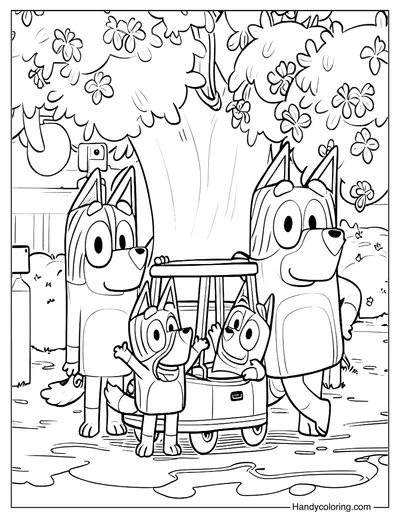 Bluey Family Under a Tree Coloring Page
