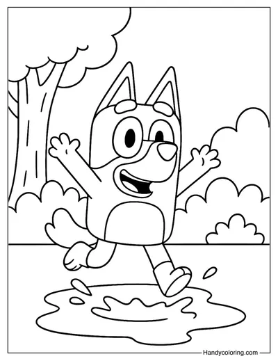 Bluey Jumping in a Puddle Coloring Page