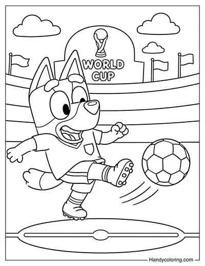 Bluey Kicking Football in World Cup Stadium