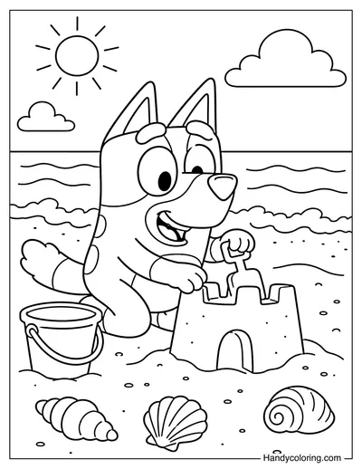 Bluey Playing at the Beach with Sandcastle