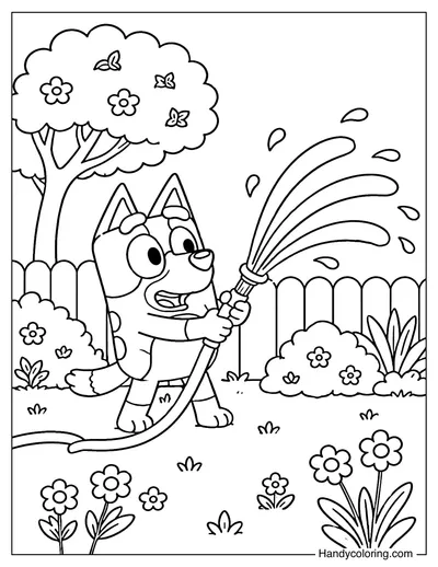 Bluey Playing with Water Sprinkler in Garden