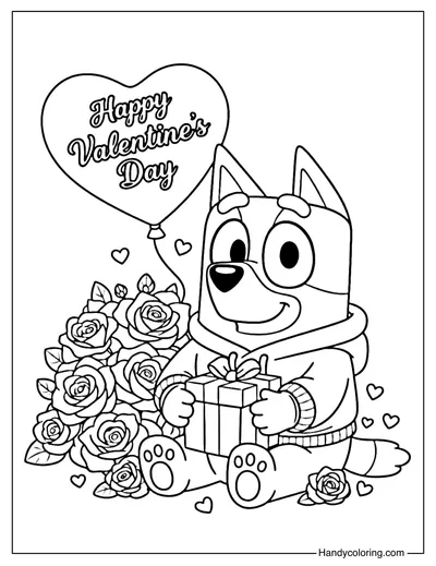 Bluey Valentine Gift and Roses Coloring Page