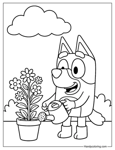 Bluey Watering Flowers Coloring Page
