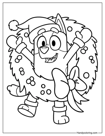 Bluey with Christmas Wreath Coloring Page