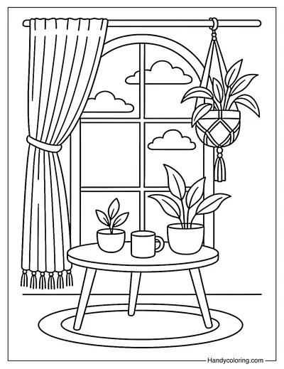 Boho August Window View Coloring Page