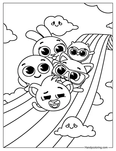 Bolofofos Sliding Down a Rainbow Coloring Page