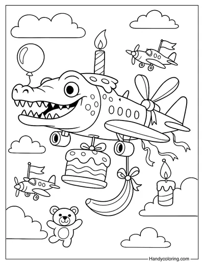 Bombardiro Crocodilo in a Birthday Parade Coloring Page