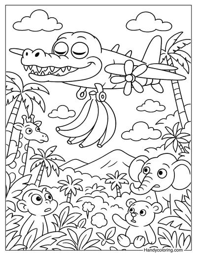 Bombardiro Crocodilo in the Rainforest Coloring Page