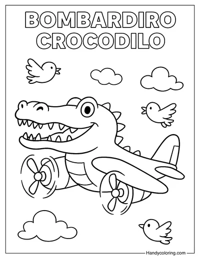 Bombardiro Crocodilo with Birds Coloring Page