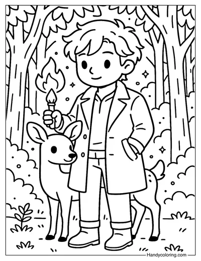 Boy and Deer in Forest Light Coloring Page
