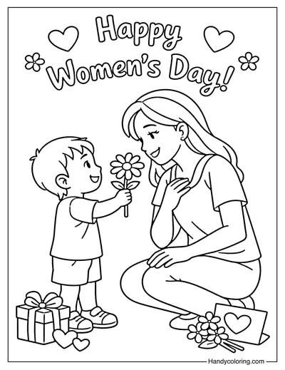 Boy and Mom Women's Day Coloring Page