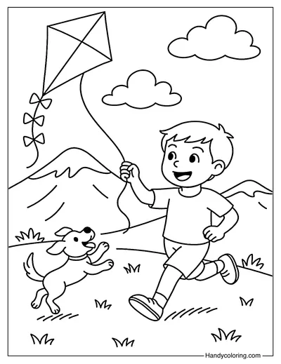Boy and Puppy Kite Coloring Page