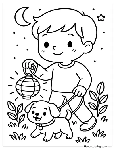 Boy and Puppy Lantern Walk Coloring Page