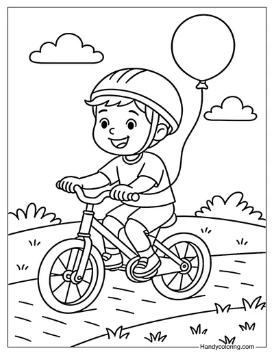 Boy Biking with Balloon Coloring Page