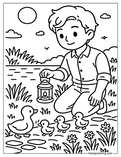 Boy Guiding Ducklings Coloring Page