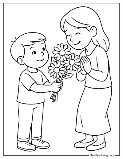 Boy Holding Flowers for Mom Coloring Page
