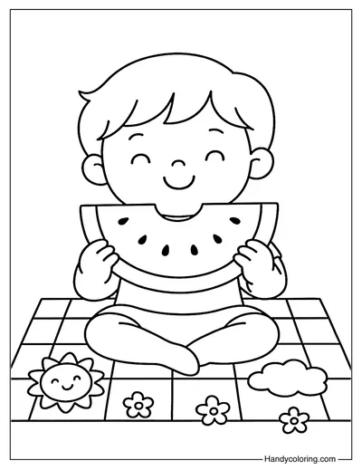 Boy Holding Watermelon Coloring Page