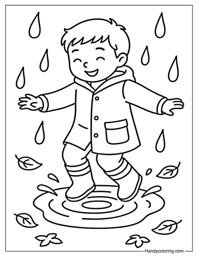 Boy Jumping in Puddle Coloring Page