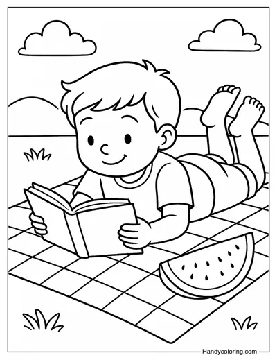Boy Picnic Reading Coloring Page