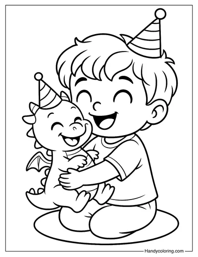 Boy with Baby Dragon Coloring Page