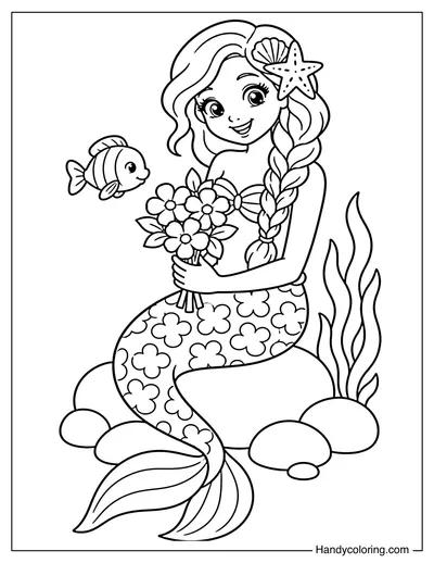 Braided Hair Mermaid Holding Flowers
