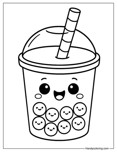 Bubble Tea with Faces Coloring Page