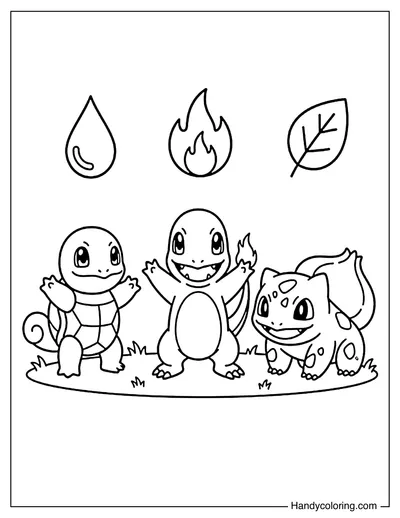 Bulbasaur, Charmander and Squirtle