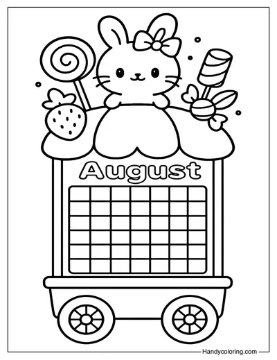 Bunny and Candy Car Calendar August Coloring Page